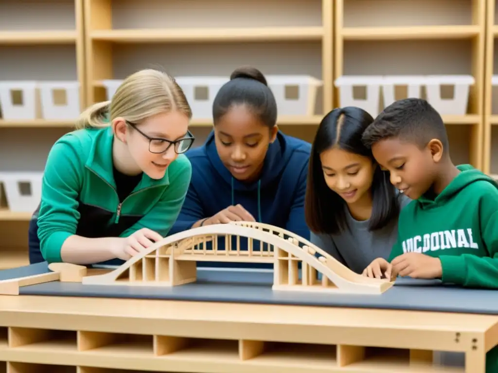 Estudiantes construyendo réplica de puente icónico con tecnología educativa