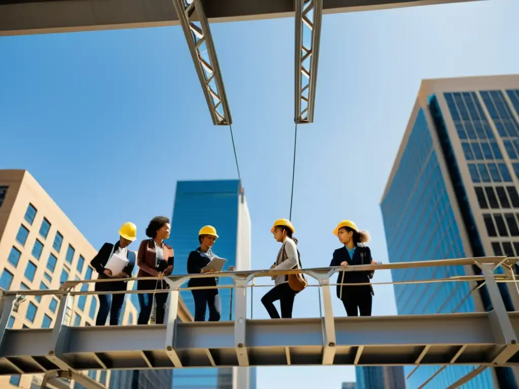 Estudiantes construyendo un puente urbano, fomentando aprendizaje STEM puentes urbanos con la ciudad de fondo al atardecer