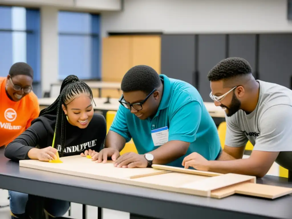 Inclusividad y colaboración en taller de construcción de puentes Estudiantes diversos participan en un taller de construcción de puentes, demostrando inclusividad en programas de educación sobre puentes