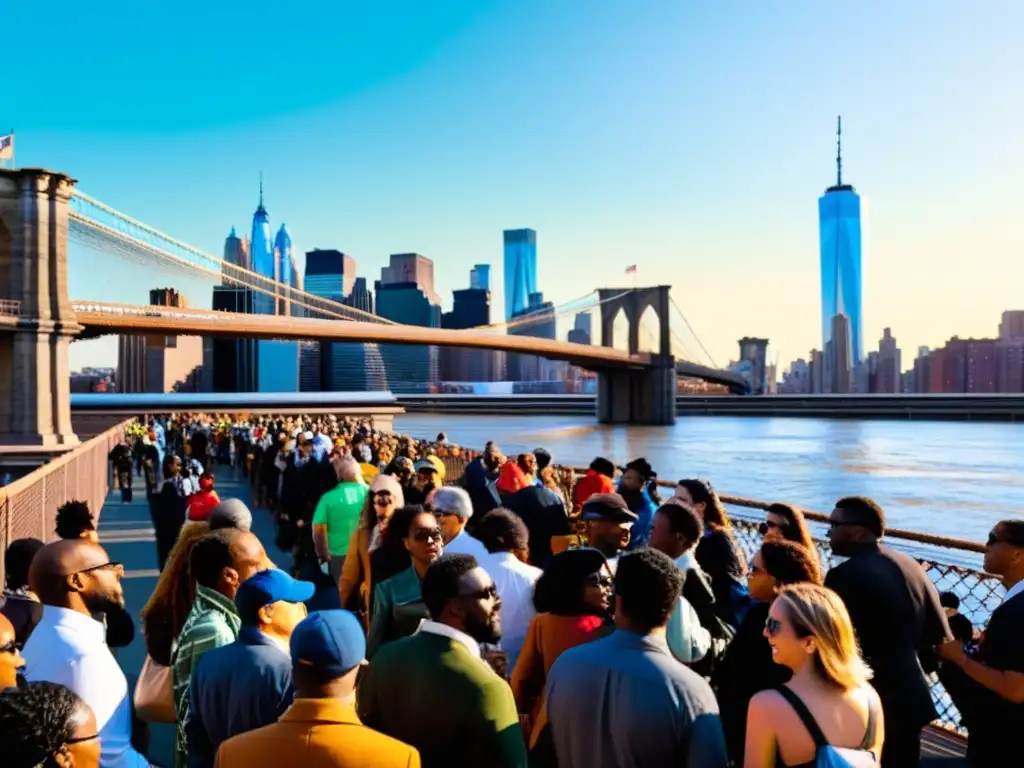 Evento cultural en el puente icónico de Brooklyn, con exposición de arte vibrante y diversa participación comunitaria al atardecer