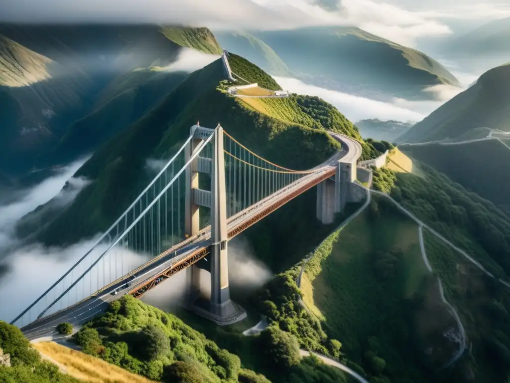 Exhibiciones educativas puentes icónicos: Un puente icónico se destaca en un paisaje montañoso neblinoso, capturando la belleza y la innovación humana