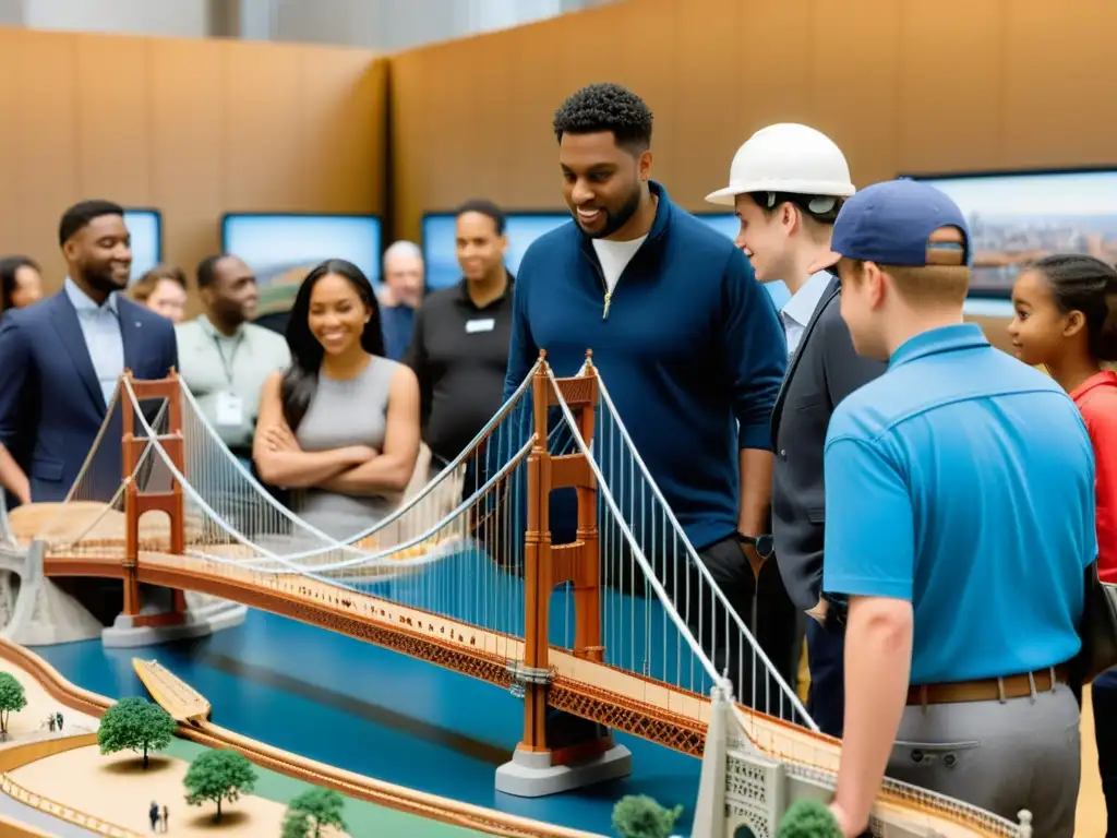 Exhibiciones educativas de puentes icónicos con modelos detallados y visitantes inmersos en el aprendizaje sobre arquitectura y desarrollo urbano