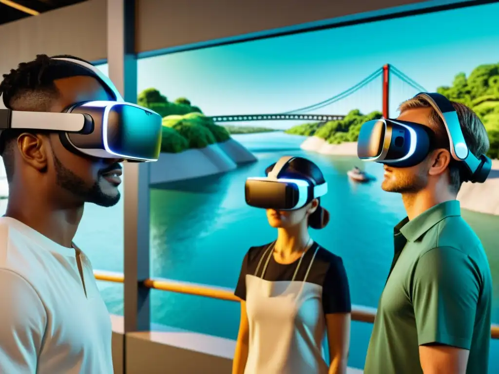 Experiencia educativa de Realidad Virtual explorando puentes icónicos del mundo en un entorno digital futurista