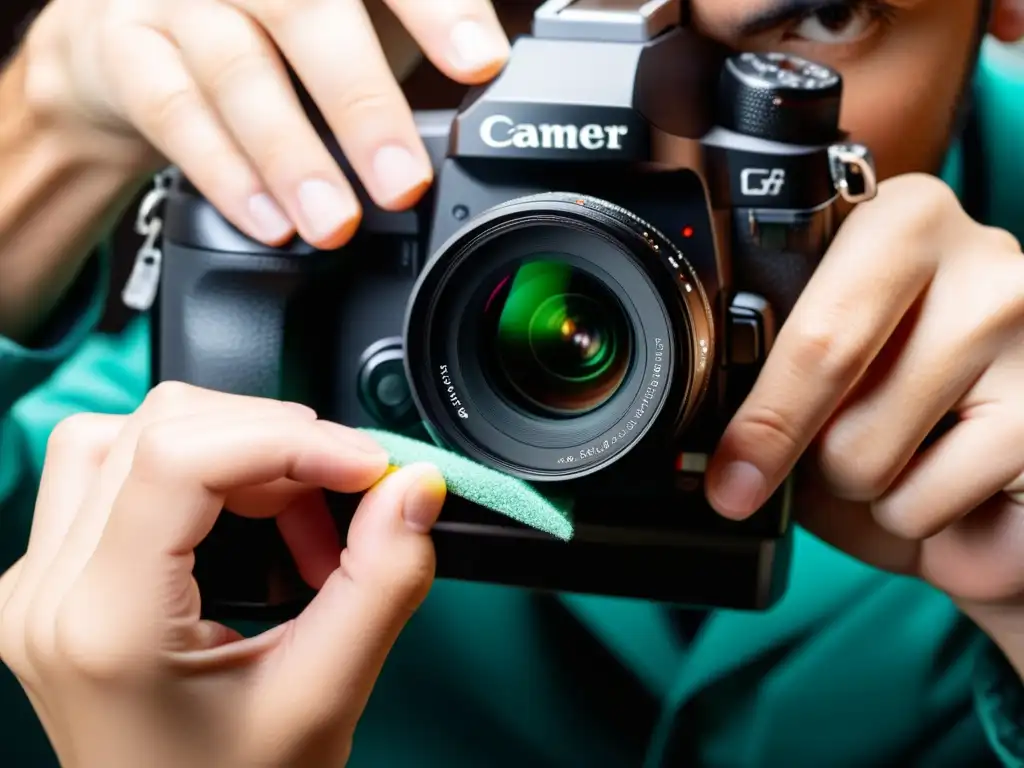 Un experto fotógrafo limpia con precisión el objetivo de su cámara con un kit de limpieza compacto