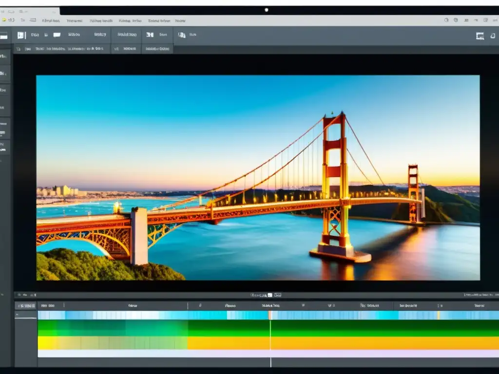 Un experto en programas de edición de fotos mejora con precisión la imagen de un puente icónico, resaltando su arquitectura vibrante