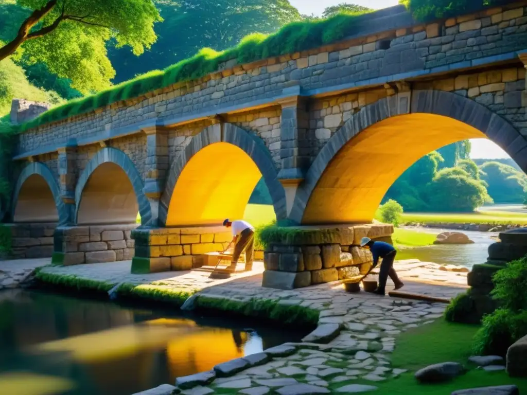 Expertos restaurando un antiguo puente de piedra con técnicas tradicionales, bañados por cálida luz solar