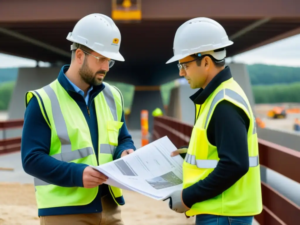Planificación experta para la construcción de puentes Expertos en planificación de riesgos para la construcción de puentes, revisando planos y realizando inspecciones de seguridad en el sitio