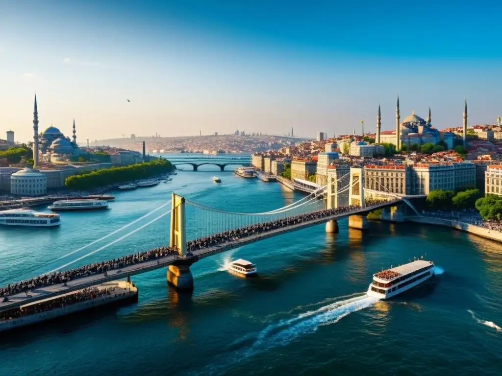 Exploración del Puente Golden Horn en Estambul, con actividad vibrante de barcos y peatones, y una impresionante interacción de luz y sombra