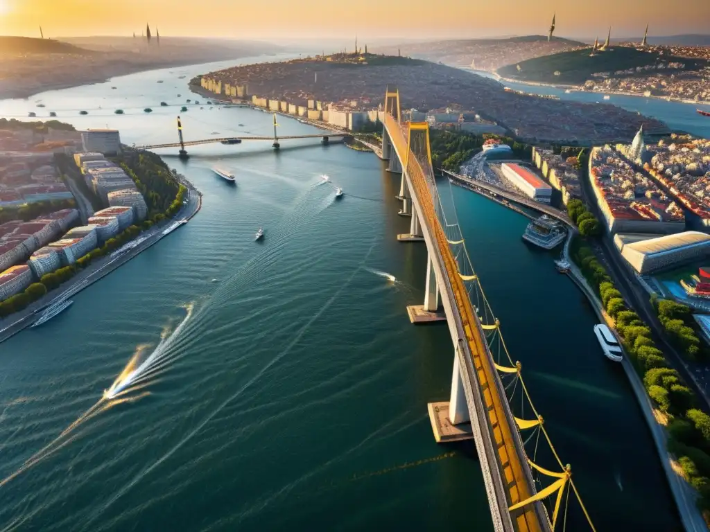 Exploración del Puente Golden Horn de Estambul desde un ángulo único, mostrando su diseño arquitectónico detallado y la actividad bulliciosa