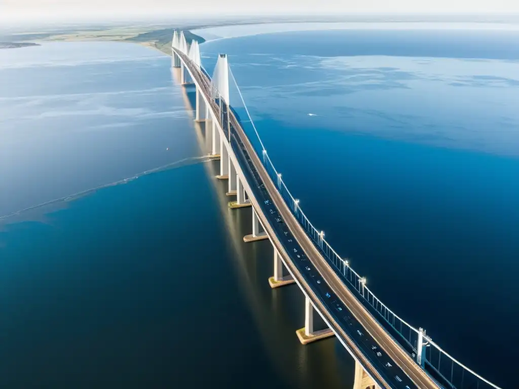 Exploración arquitectónica: puente icónico Øresund conectando Suecia y Dinamarca sobre aguas azules, destacando su diseño moderno y red de cables