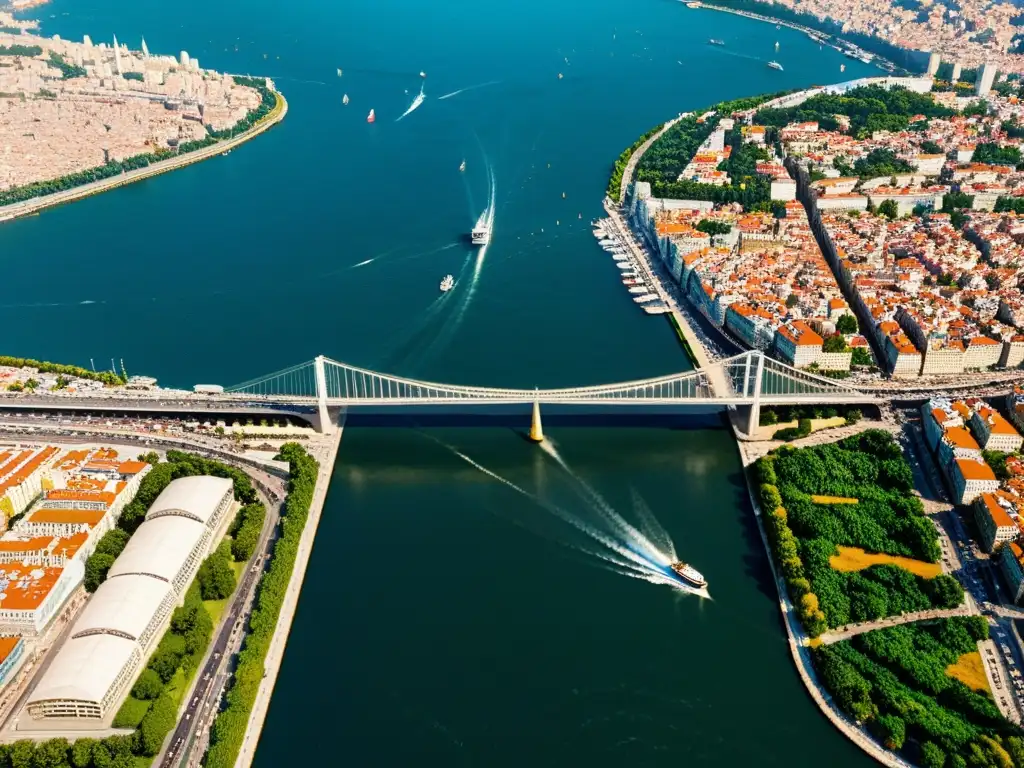 Exploración arquitectónica del Puente Golden Horn en Estambul, mostrando detalles y paisaje urbano con barcos en el agua