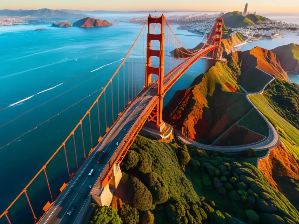 Exploración arquitectónica: majestuosidad del puente Golden Gate al atardecer, resalta su belleza icónica y detalles ingeniería