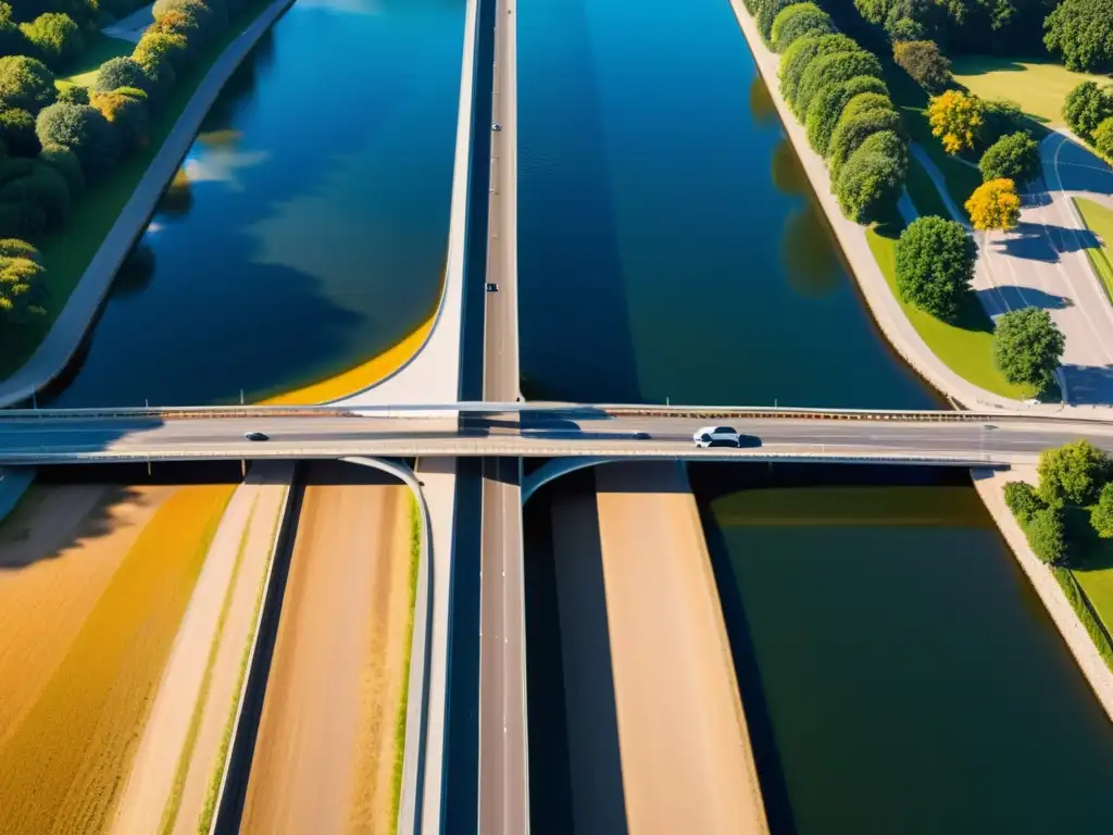 Exploración arquitectónica: puente icónico moderno sobre un río soleado, con diseño geométrico destacado por la cálida luz y la actividad dinámica