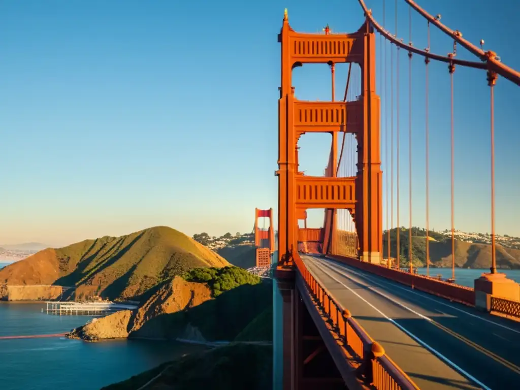 Exploración arquitectónica de puentes icónicos: Imagen documental de la majestuosa estructura del icónico Puente Golden Gate en San Francisco, resaltando su diseño ingenioso y moderno bañado por la cálida luz del atardecer