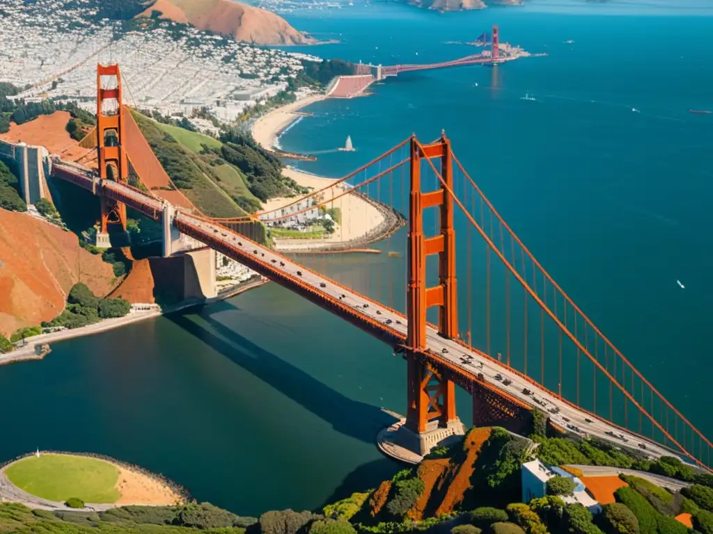 Exploración arquitectónica puentes icónicos: Imagen aérea de alta resolución del impresionante puente Golden Gate en San Francisco, destacando su red de cables y su icónica estructura rojo-anaranjada contra el fondo de la ciudad y el paisaje natural circundante