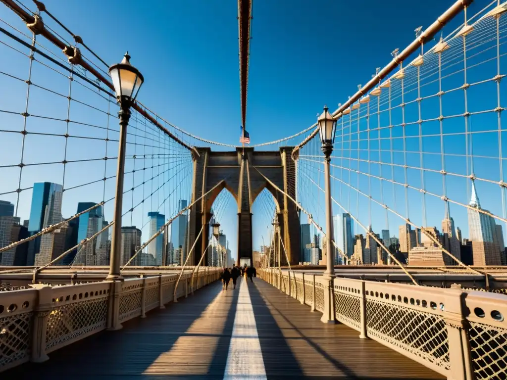 Exploración arquitectónica de puentes icónicos: Brooklyn Bridge en Nueva York, con detalles intrincados y majestuosas torres de piedra