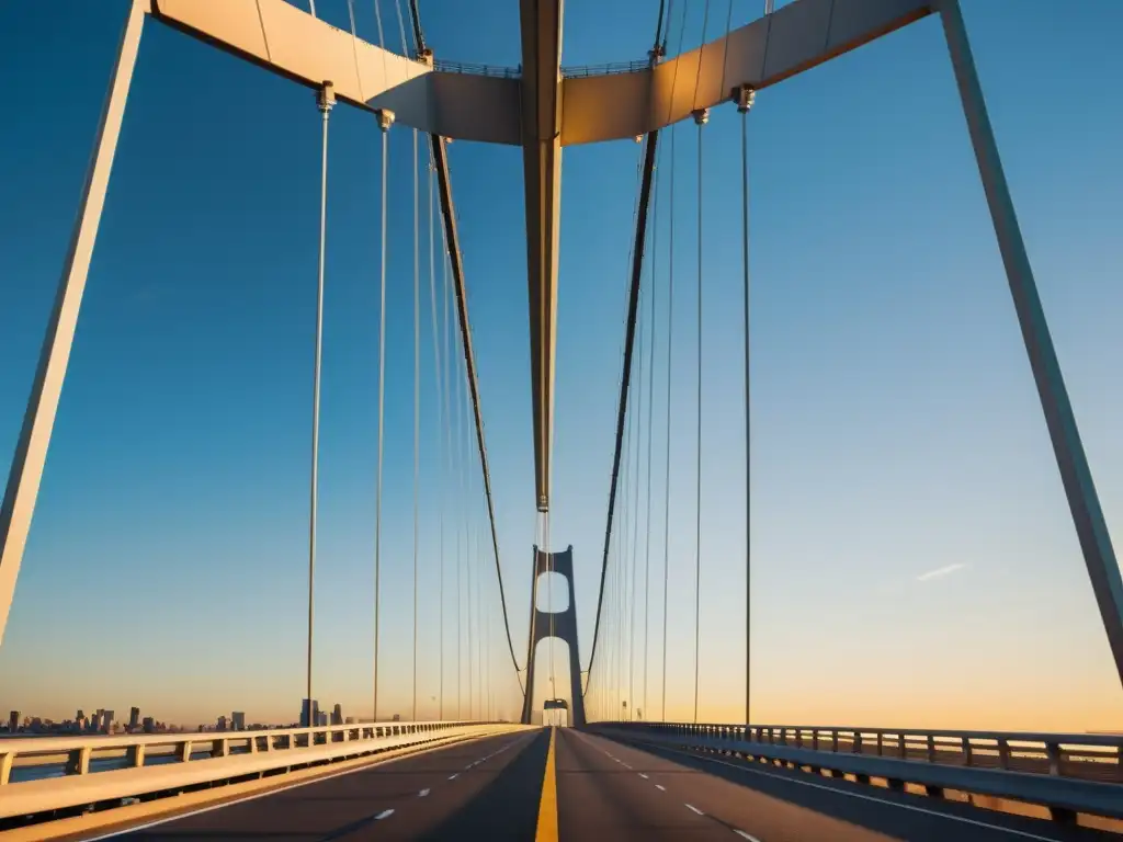 Exploración arquitectónica de puentes icónicos: un puente moderno iluminado por el cálido atardecer, resaltando sus detalles arquitectónicos