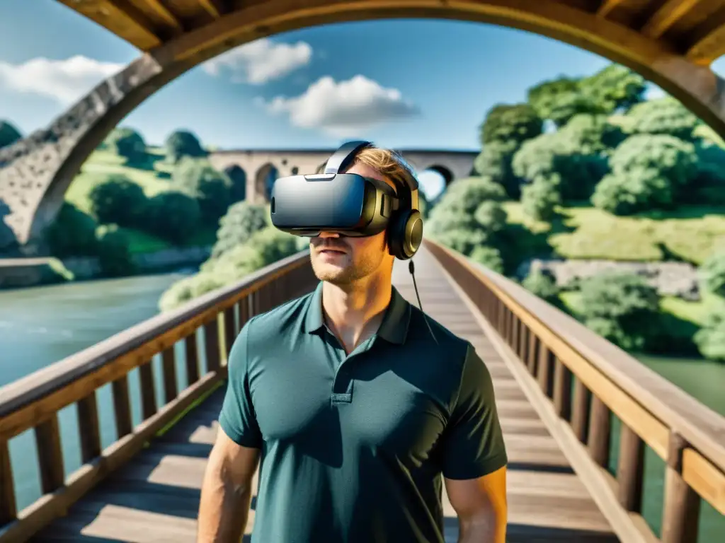 Exploración asombrada de un puente histórico en viaje virtual por puentes históricos