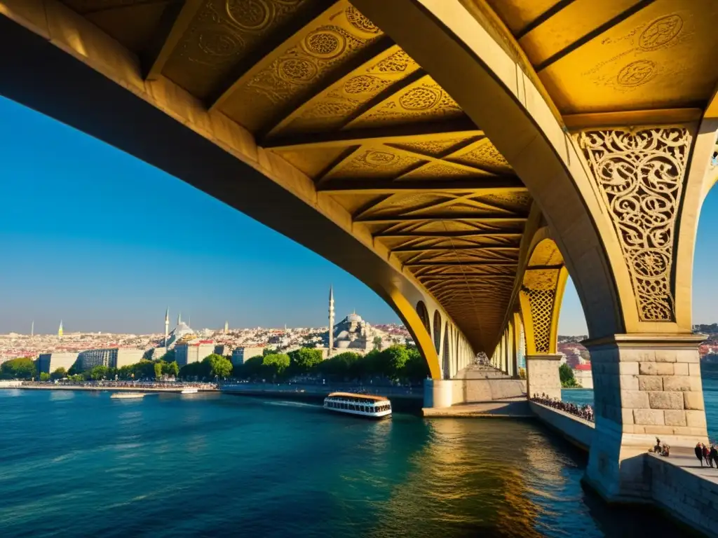 Exploración detallada del Puente Golden Horn en Estambul, con texturas envejecidas, tallados ornamentales y juegos de luz y sombra