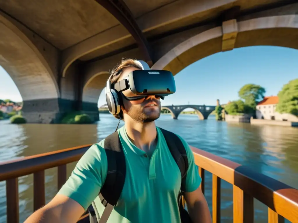 Exploración inmersiva de un puente histórico en viaje virtual por puentes históricos, con detalle 8k y ambiente envolvente de realidad virtual