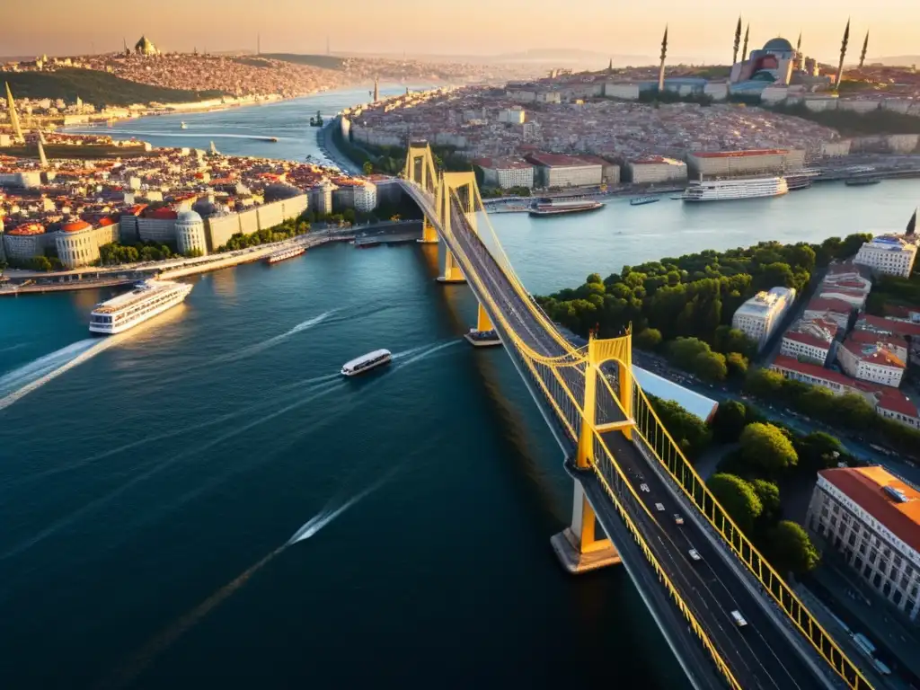 Exploración del Puente Golden Horn de Estambul, capturando su majestuosidad arquitectónica y la vida de la ciudad al atardecer