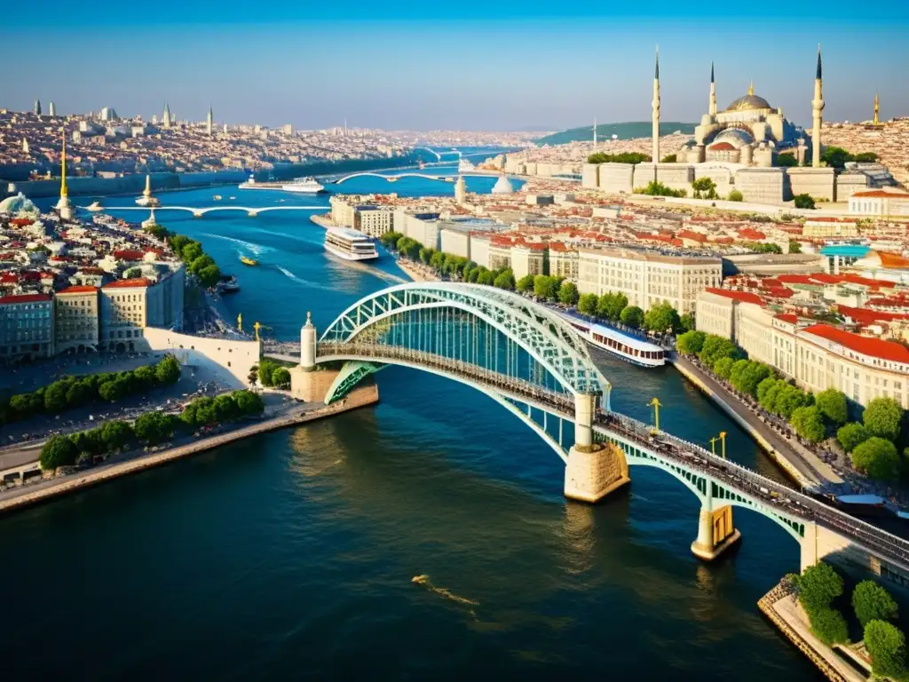 Exploración visual del Puente Golden Horn en Estambul, con sus detalles arquitectónicos, juegos de luz y sombra, y la ciudad al fondo