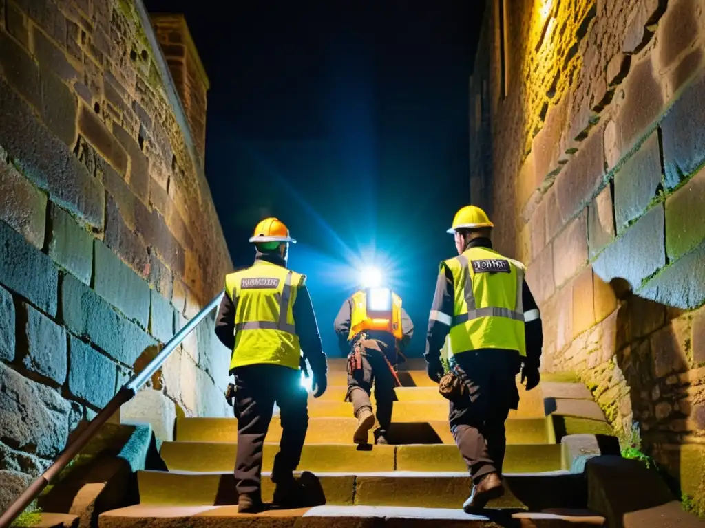 Exploradores modernos descienden por estrecha escalera iluminada en la histórica Torre de Londres, revelando secretos y mazmorras históricas