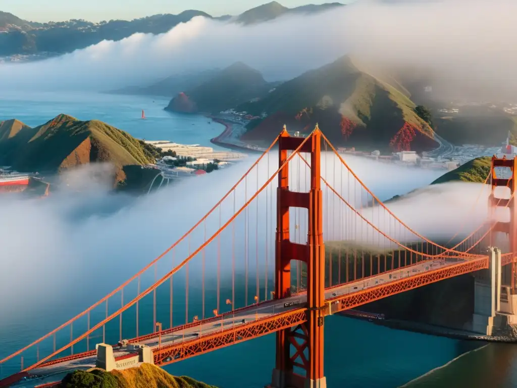 Exposiciones de arte Puente Golden Gate con instalación de colores dinámicos y neblina etérea, atrayendo a los visitantes