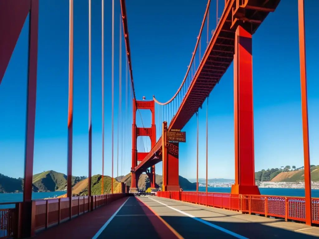 Exposiciones de arte Puente Golden Gate: Instalación colorida de formas geométricas suspendidas, contrastando con el icónico puente rojo al fondo