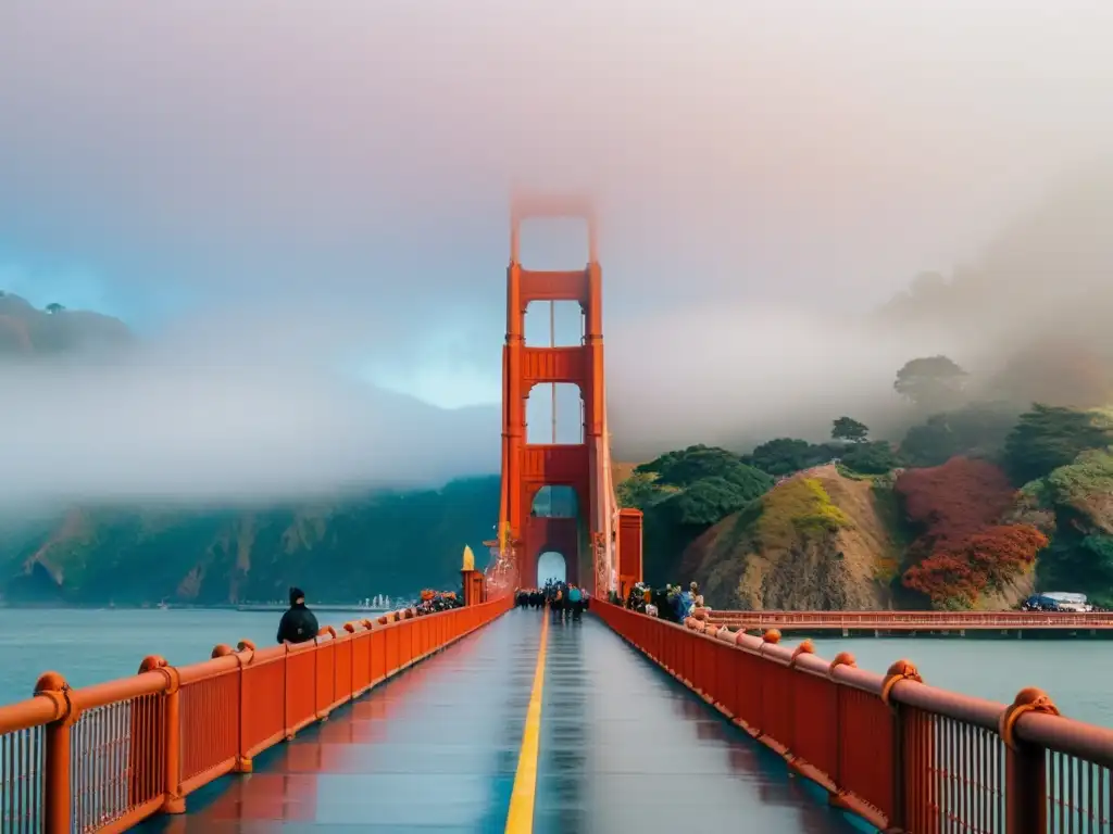 Exposiciones de arte Puente Golden Gate: Grupo diverso admira arte al aire libre con el icónico puente de fondo en la neblinosa bahía de San Francisco