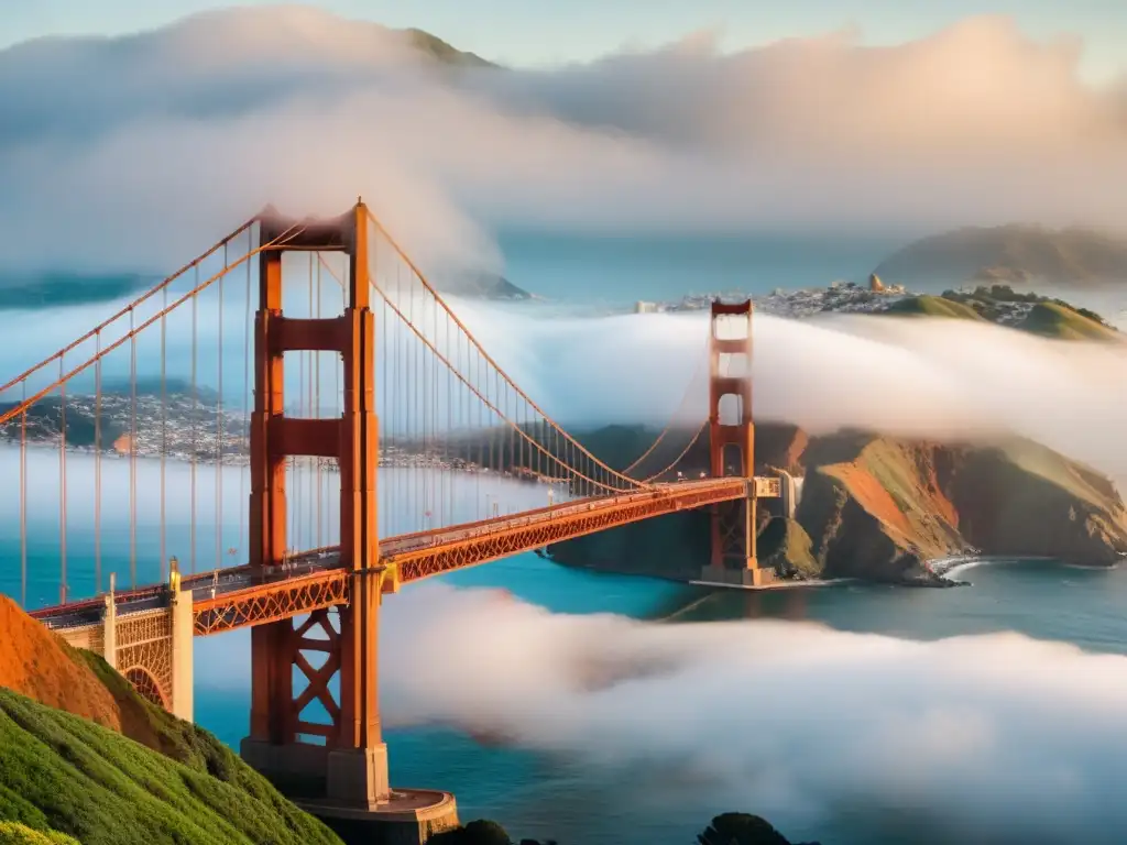 Exposiciones de arte Puente Golden Gate envuelto en la niebla, con sus icónicas torres rojo anaranjadas emergiendo majestuosamente