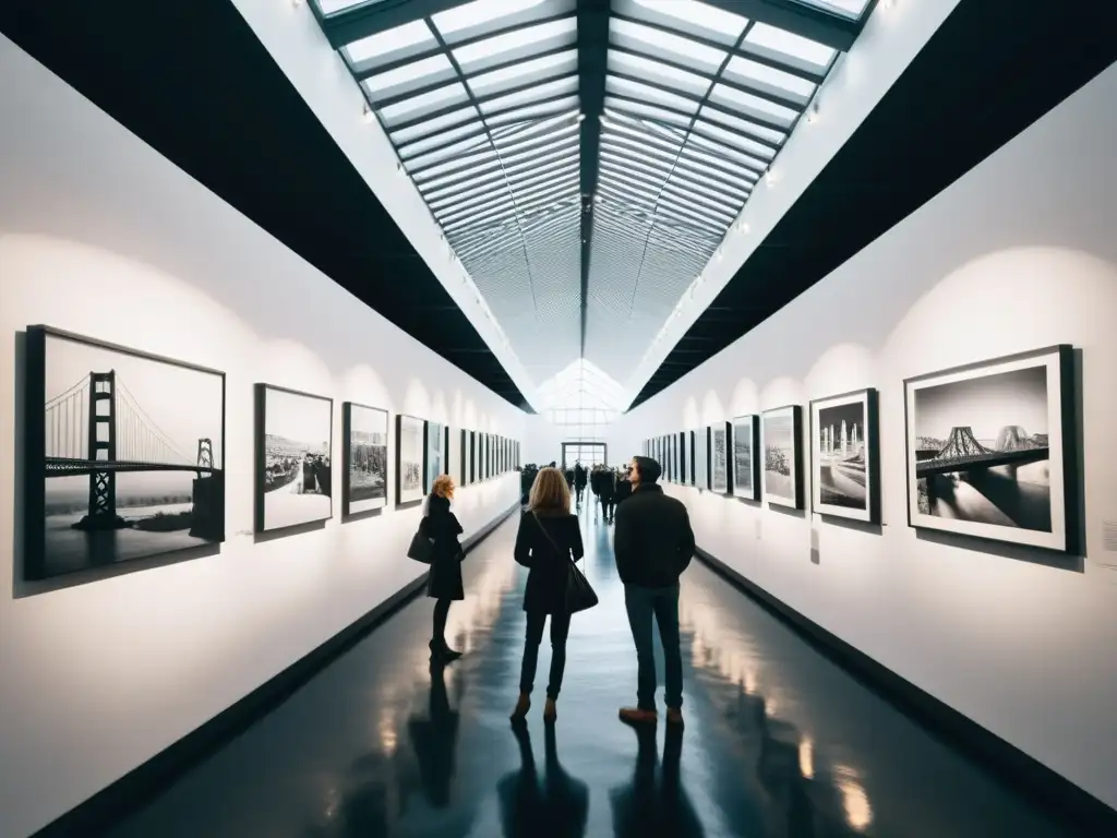 Exposiciones arte puentes icónicos: Esculturas y pinturas inspiradas en puentes, con gente admirando las obras en una galería de arte contemporáneo