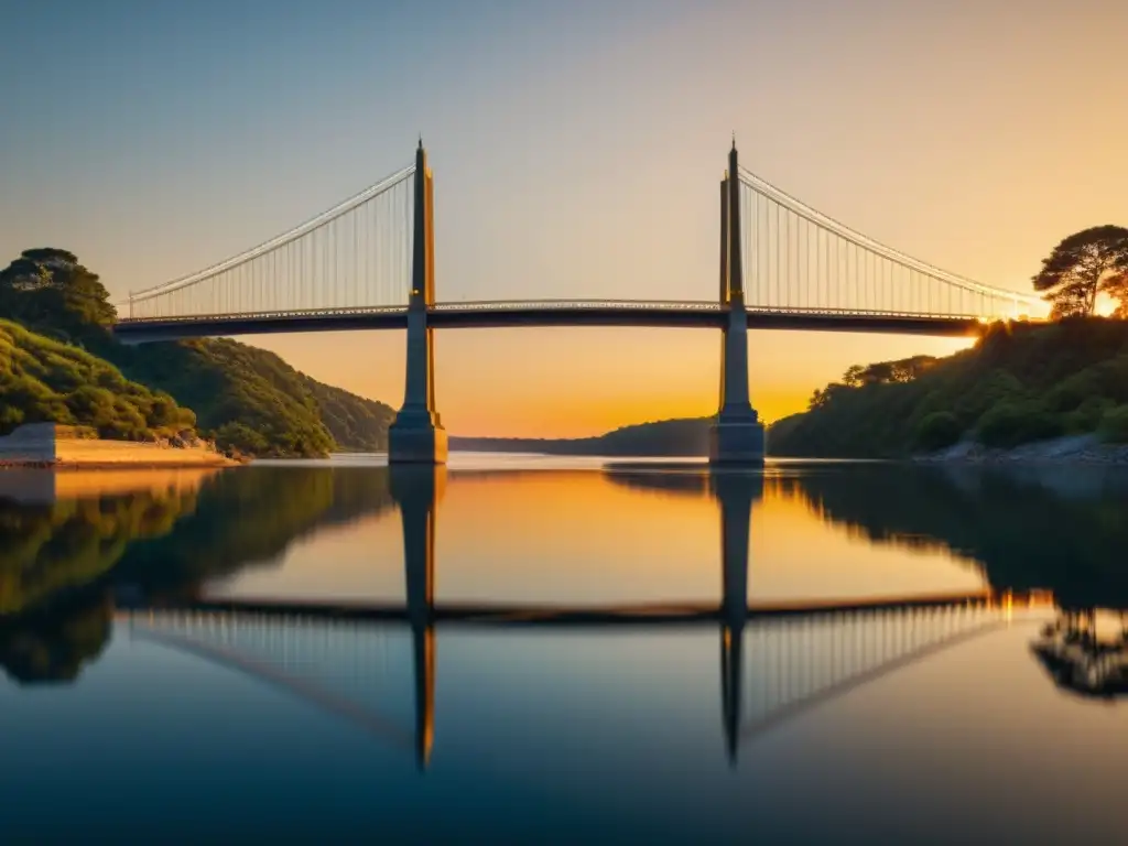 Exposiciones artísticas puentes sobre agua: Majestuoso puente reflejado en aguas serenas al atardecer