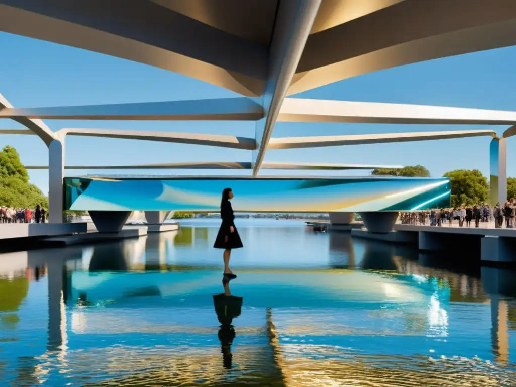 Exposiciones artísticas: instalación de puentes reflectantes sobre el agua, bañados por la luz del sol y visitantes interactuando