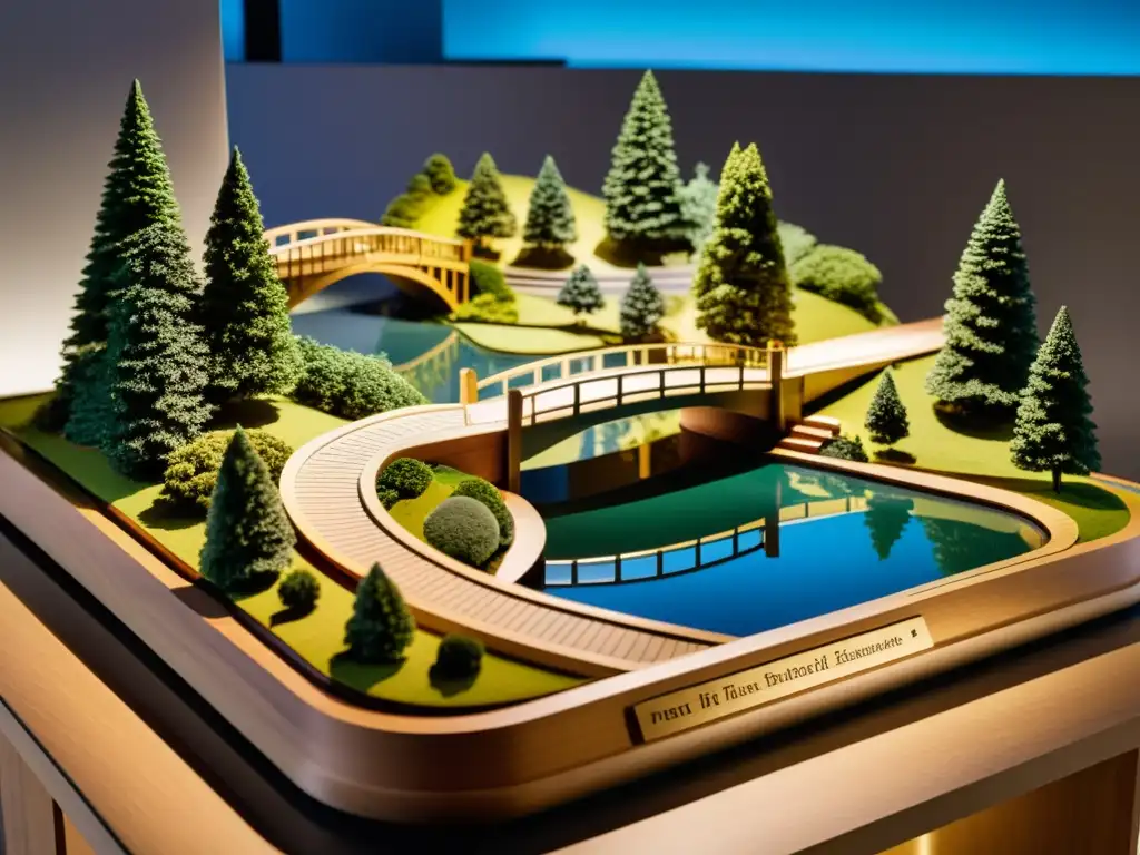 Exposiciones de diseño de puentes célebres, detallada maqueta de exhibición con impresionantes detalles arquitectónicos y paisajes circundantes