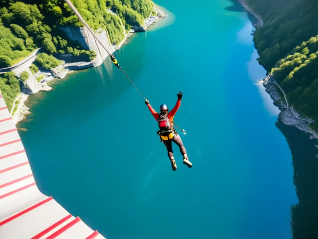 Bungee jumping extremo desde el puente Verzasca en Suiza, con montañas escarpadas y río cristalino