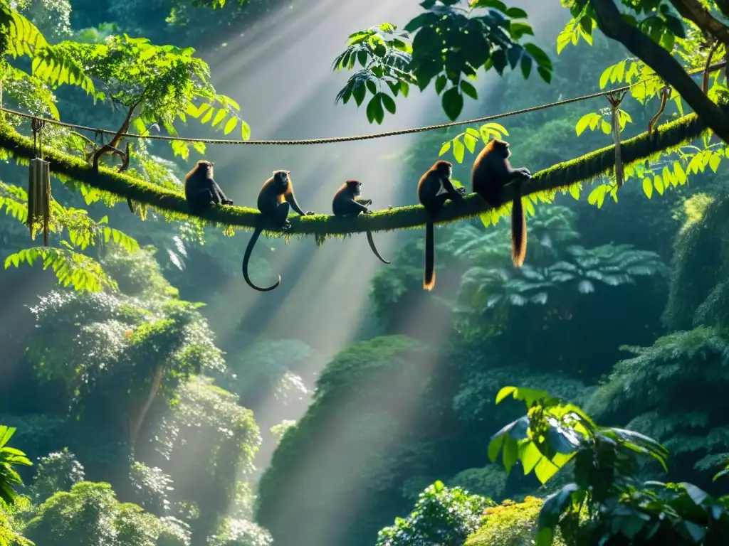 Una familia de monos aulladores cruza un puente colgante en la exuberante selva