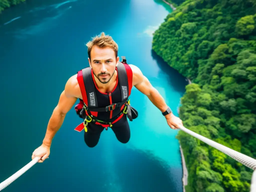 Un bungee jumper se prepara para saltar desde un famoso puente, con aguas azules y vegetación exuberante abajo