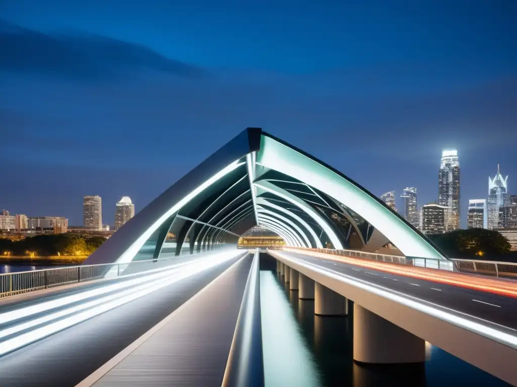 Un fascinante puente plegable urbano impresionante desplegándose en un paisaje urbano moderno y dinámico, realzado por la luz ambiental