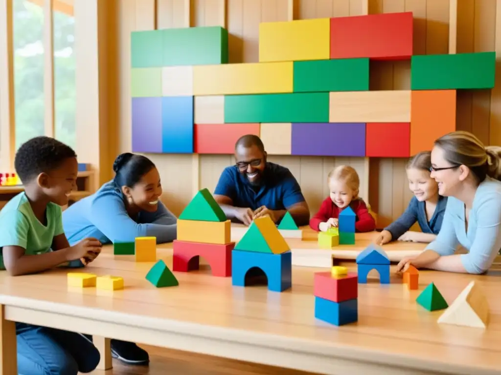 Fascinante taller de construcción de puentes de juguete con niños y adultos colaborando en un ambiente educativo y creativo