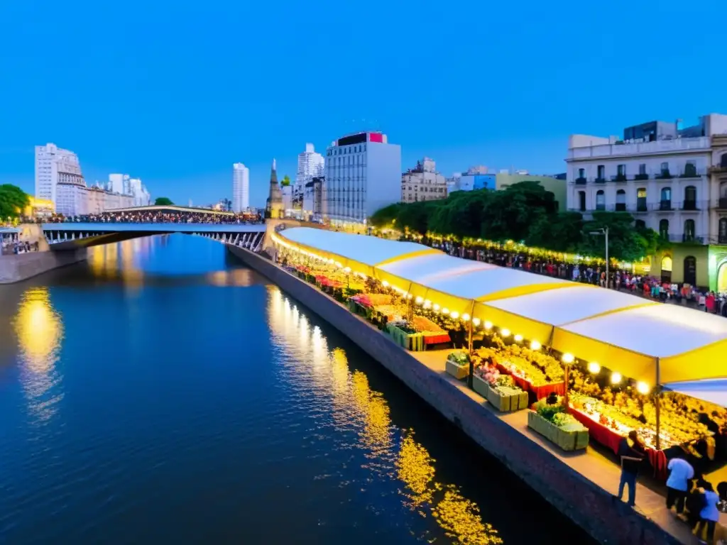 Un festival culinario bajo el Puente de la Mujer en Buenos Aires, Argentina, con puestos de comida sostenible y coloridas conversaciones