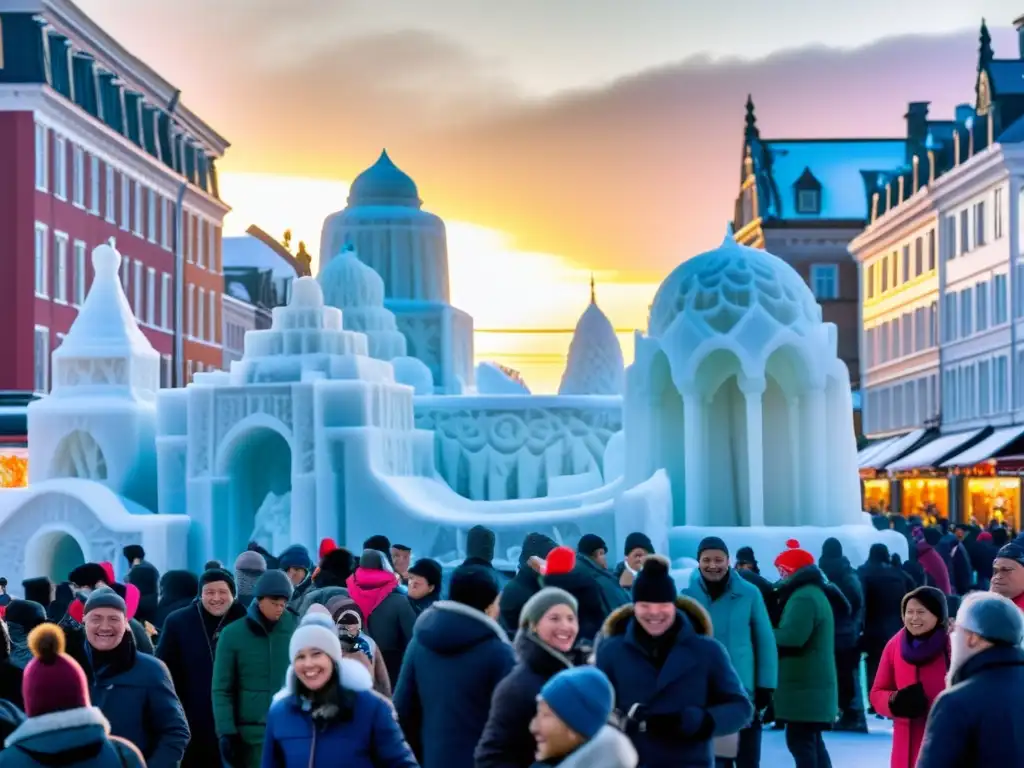 Un festival de hielo y nieve en Puente Confusión: esculturas impresionantes y gente admirando la belleza invernal al atardecer