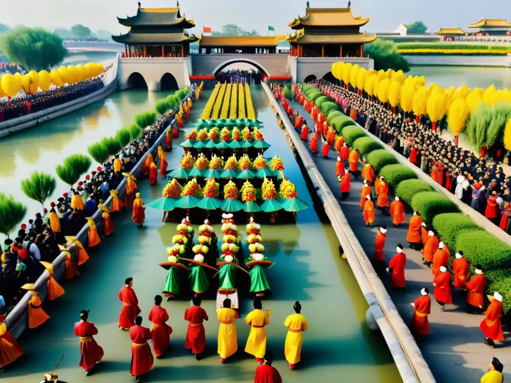 Festival Qingming en el Puente Zhaozhou: detallada celebración con coloridas ofrendas y bulliciosa multitud participando en rituales culturales