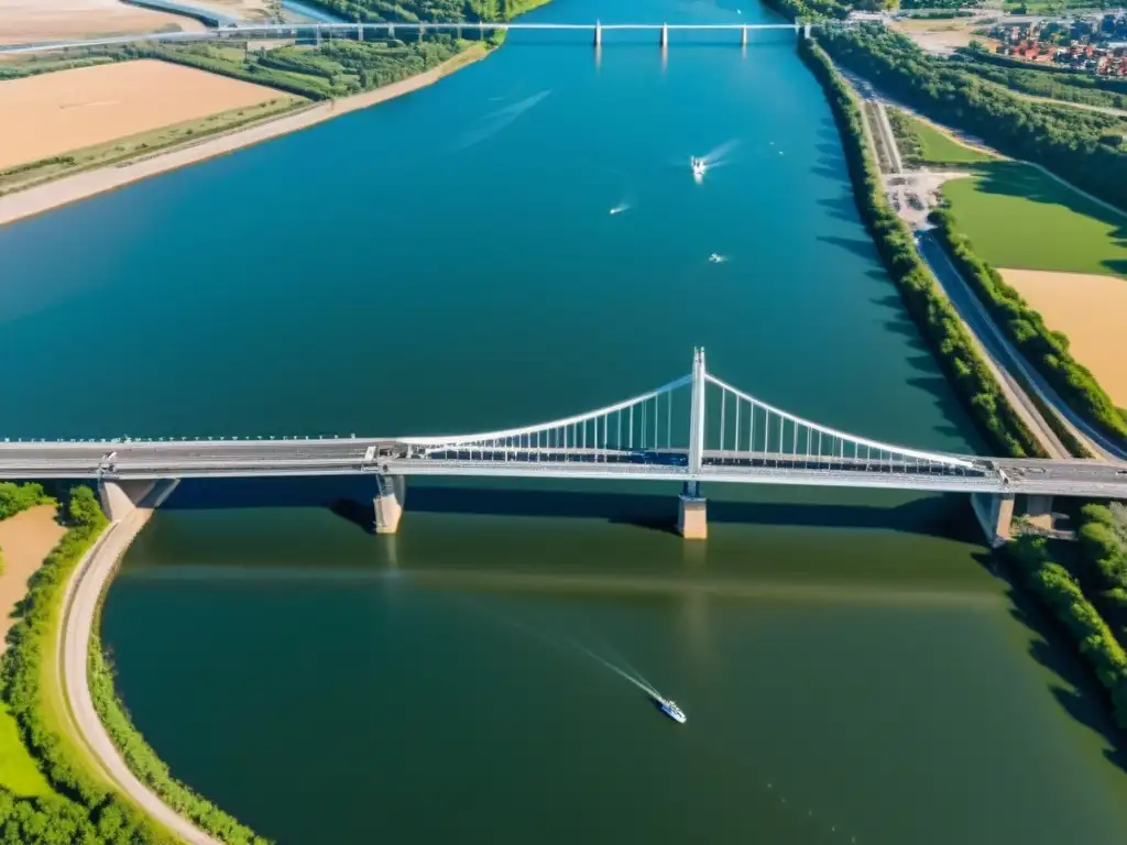 Inspección de puente con drones avanzados Una flota de drones avanzados inspecciona con precisión un majestuoso puente sobre un río, mostrando la innovadora tecnología de inspección de puentes
