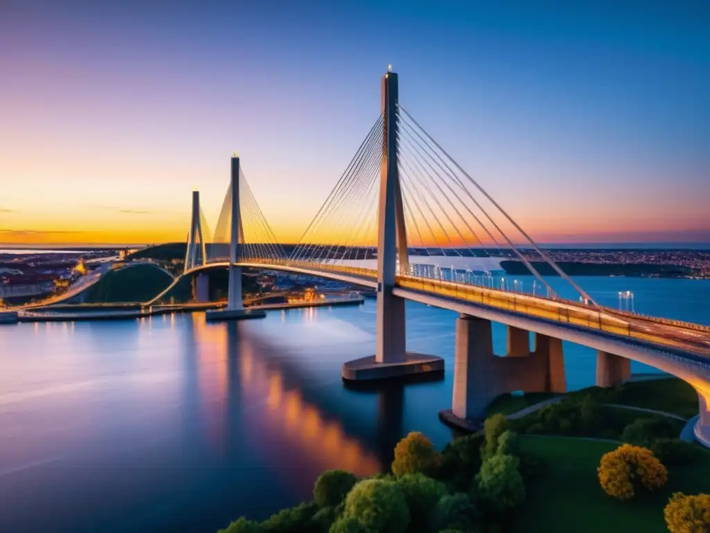 Foto 3D del Puente Oresund, un maravilloso atardecer resalta la arquitectura y diseño del puente en tecnología 3D