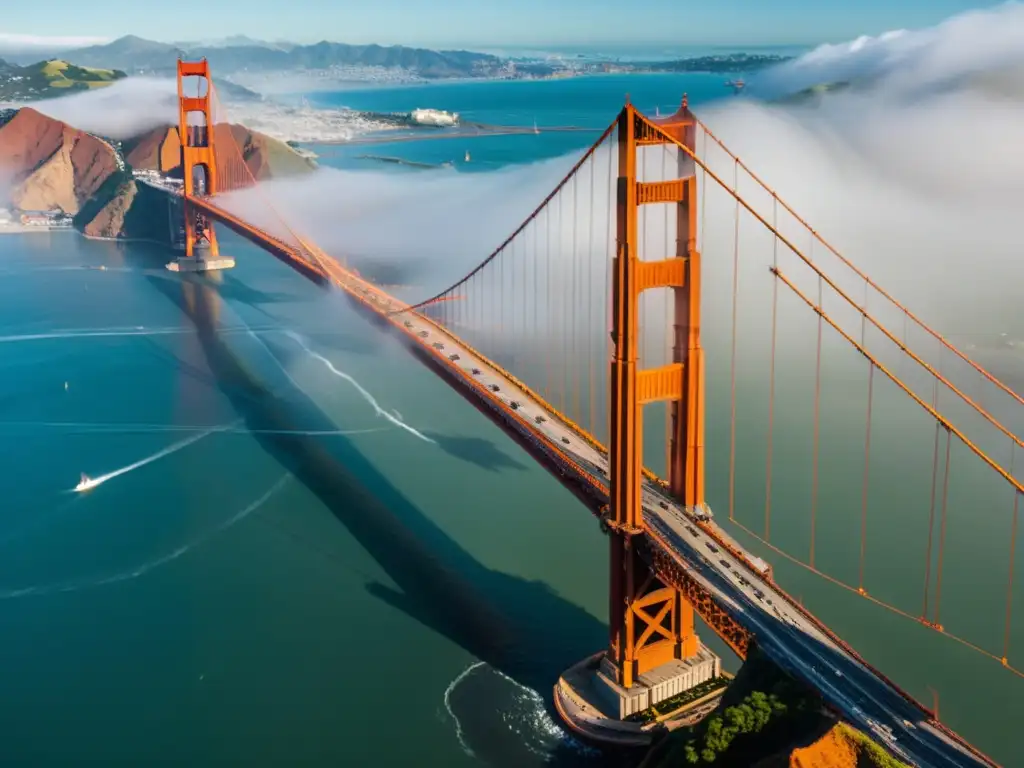 Foto aérea de la construcción del Puente Golden Gate, con imponentes torres naranjas y una red de cables de acero, rodeado de aguas turbulentas