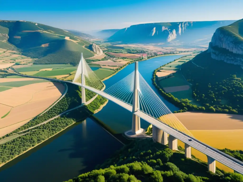 Foto en alta definición del icónico Viaducto de Millau en Francia, resaltando su innovador diseño aerodinámico e integración con el paisaje natural