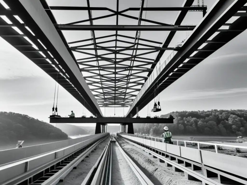 Foto en blanco y negro de la construcción de un puente, destacando el detallado diseño y la ingeniería estructural