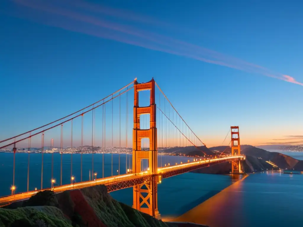 Foto detallada del Puente Golden Gate al atardecer, reflejando los vibrantes colores del cielo sobre la icónica estructura rojo anaranjada