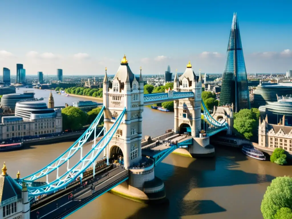 Foto detallada del icónico Tower Bridge de Londres, con su intrincada estructura metálica, mecanismo de puente levadizo y río Támesis